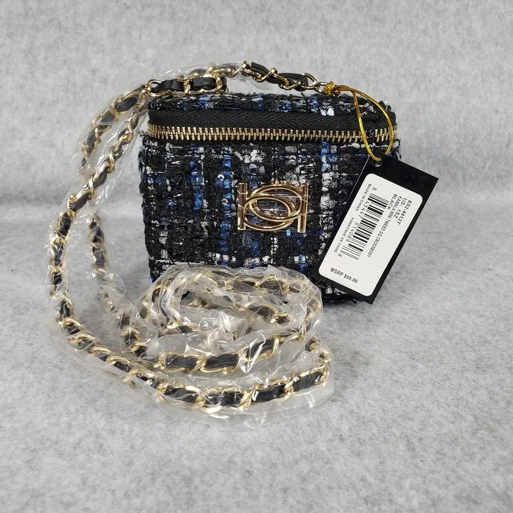 bebe Womens Crossbody Kamala Mini Tweed SQ Crossbody OS Black Blue Sequin Vanity